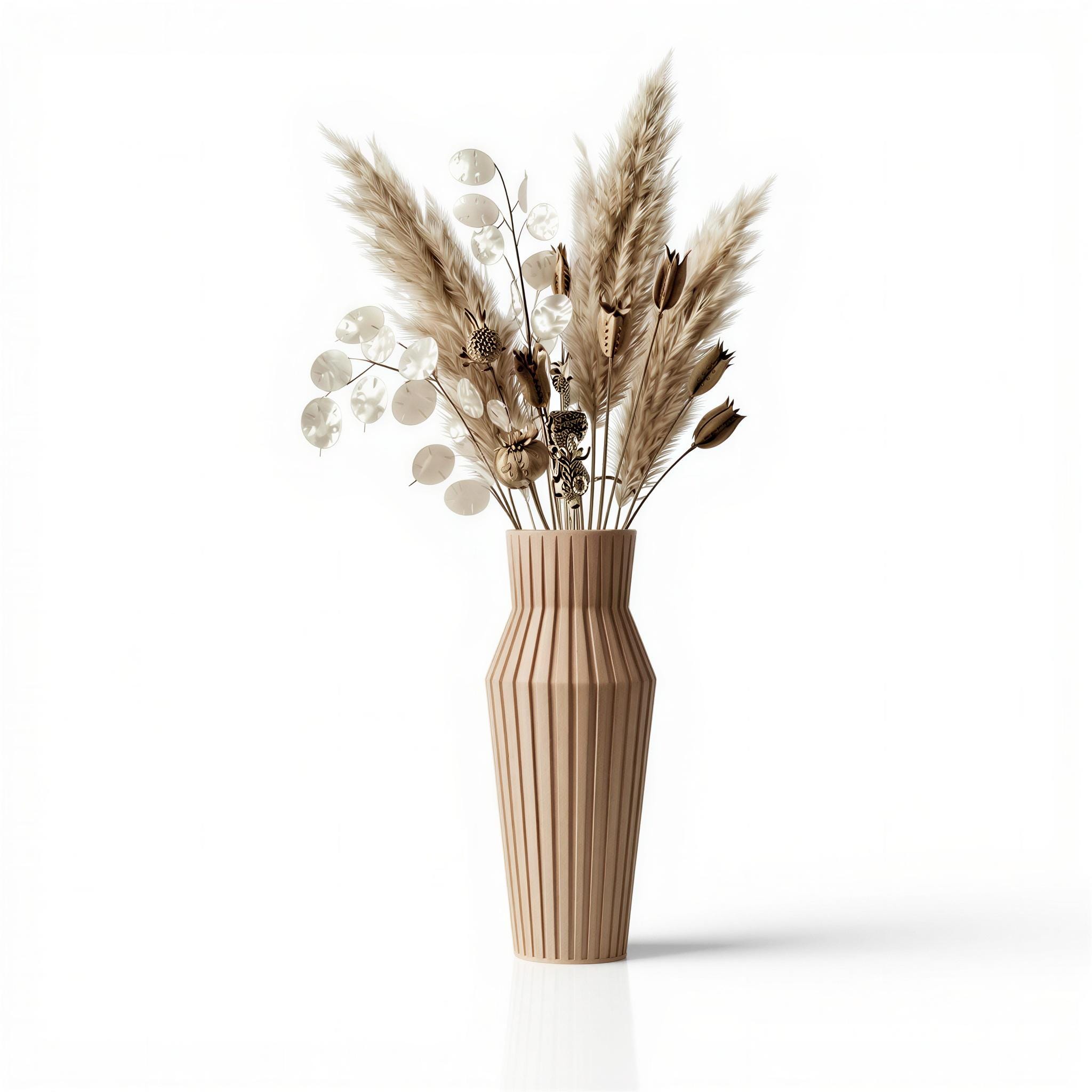 Tall Ribbed Japandi Vase – Modern Sculptural Neutral Shelf Decor – Minimalist Entryway Table Accent